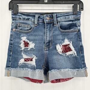 Judy Blue Shorts Womens XS Cuffed Blue Jean Denim Distressed Bandana Print *Flaw